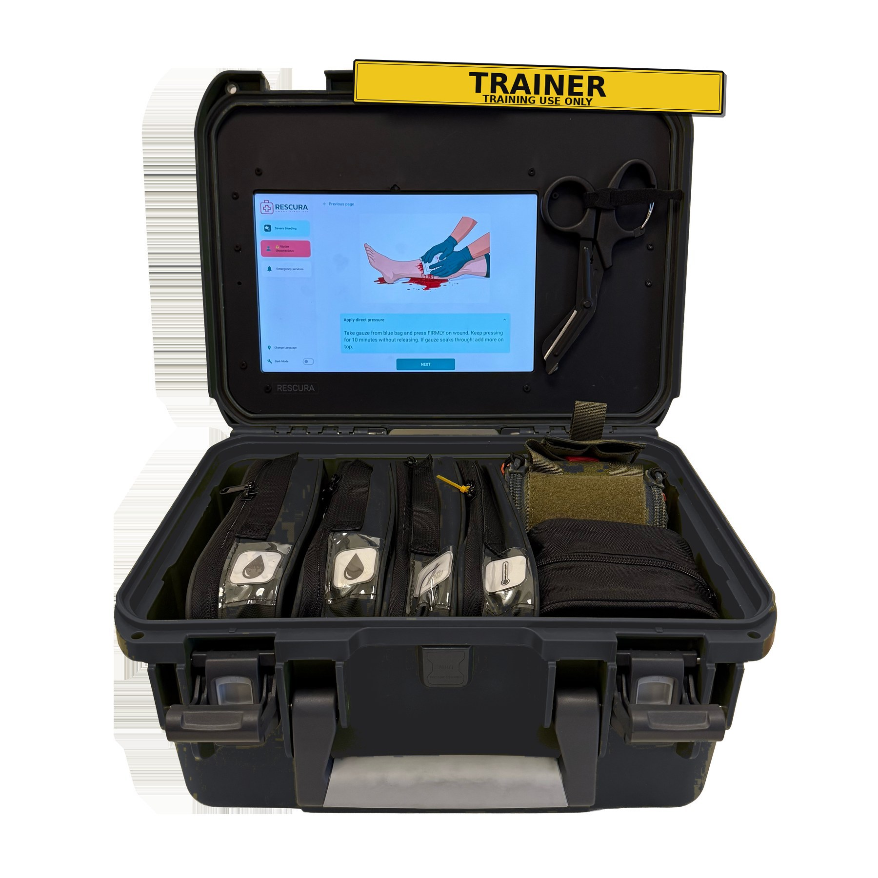 ResCura Tactical — Trainer variant: anthracite grey kit with TRAINER sticker for armed forces and police training